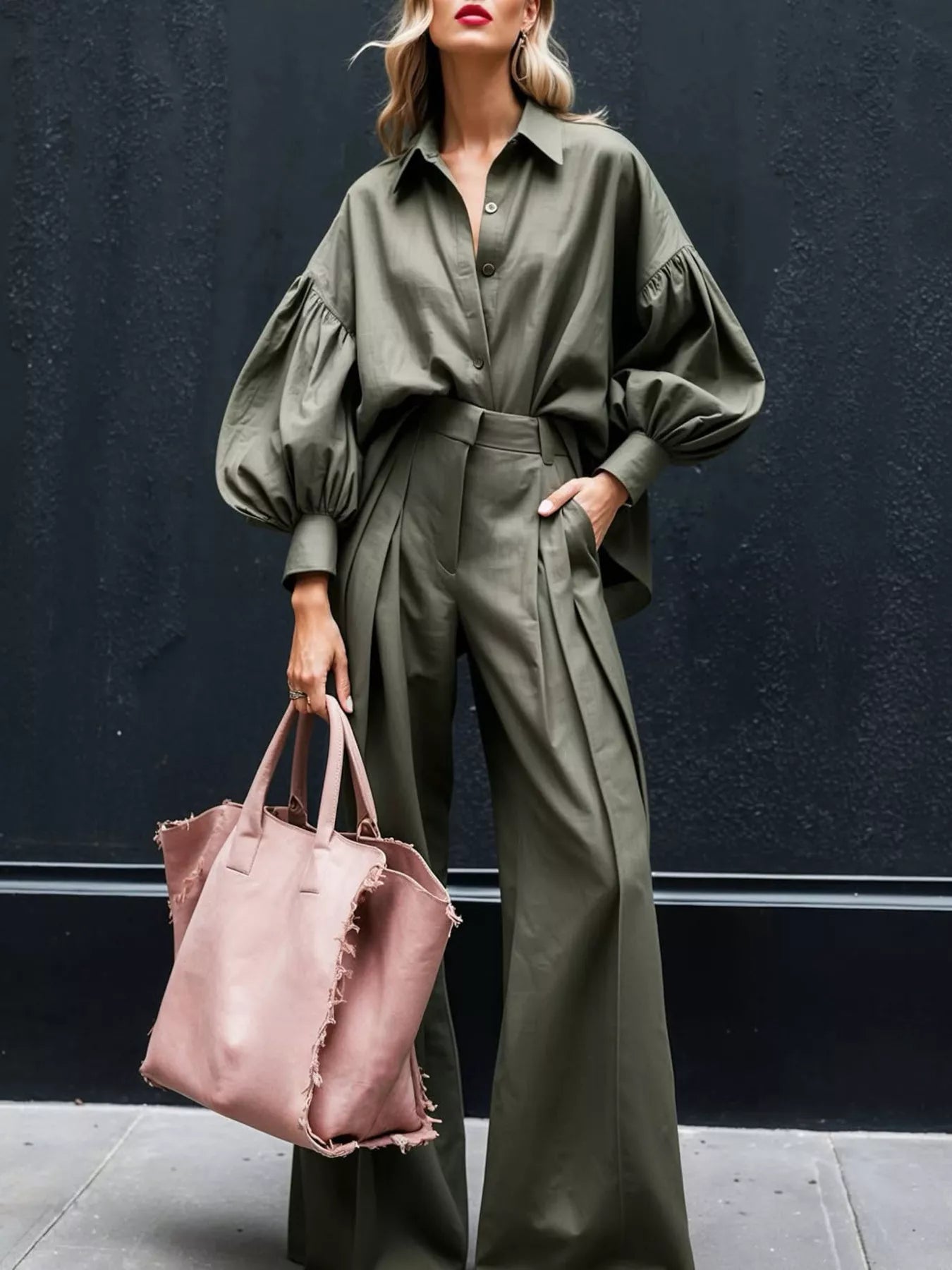 Lantern Sleeve Shirt and Wide Leg Pants Set